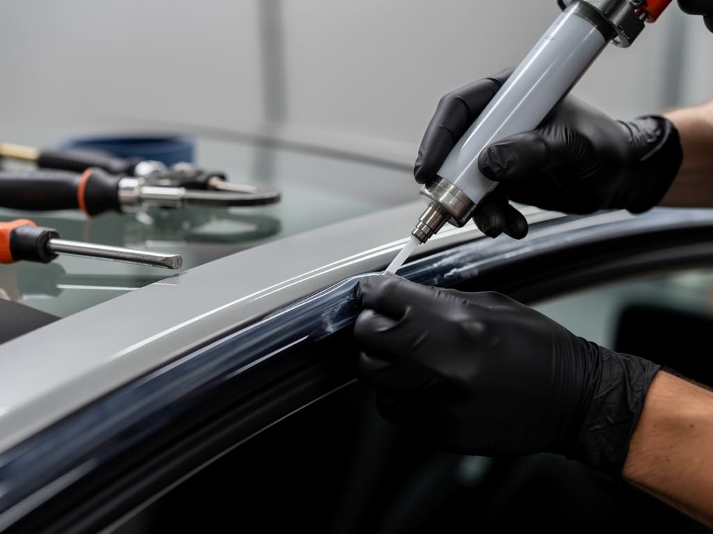 Tecnico applica sigillante sul bordo di un parabrezza in officina