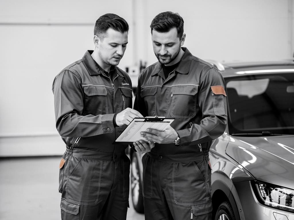 Due tecnici discutono una checklist di riparazione accanto a un veicolo in officina
